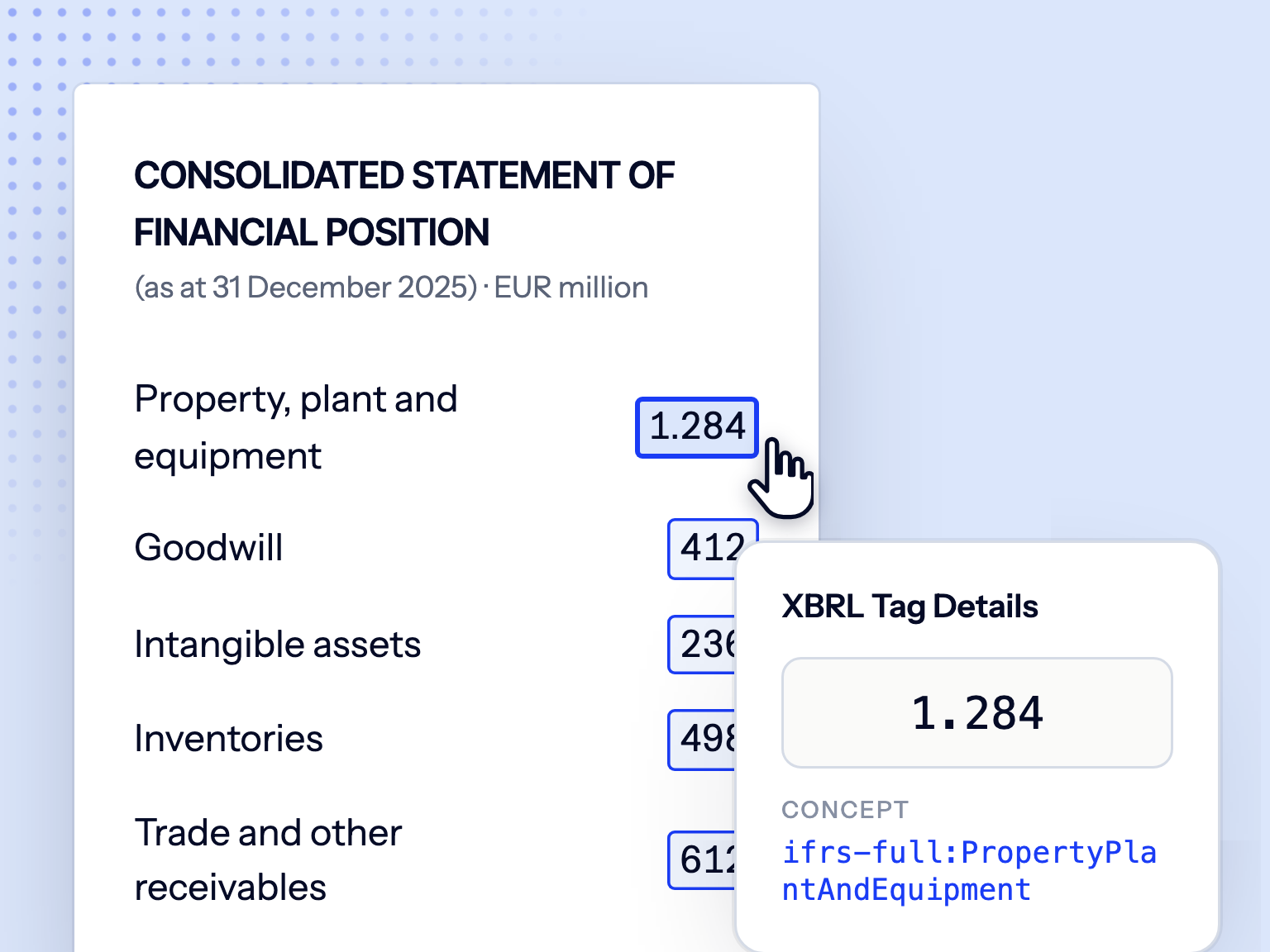 The viewer: a statement page with tagged numbers and the XBRL Tag Details of one fact