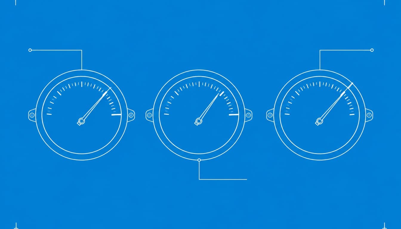 Blauwdruk van drie wijzerplaten waarvan twee naalden een gemarkeerde lijn passeren: groottecriteria jaarrekening 2025.