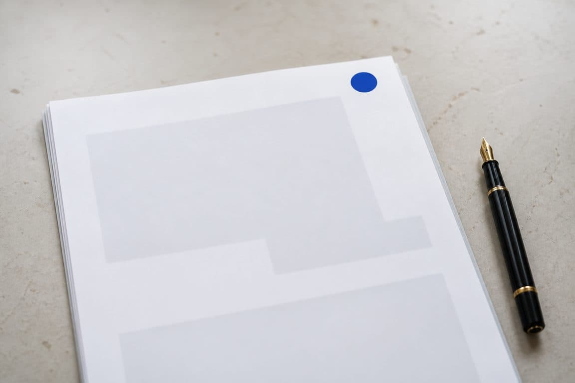 Een geprinte set stukken op een stenen balie met een ronde blauwe sticker in de hoek en een vulpen ernaast.