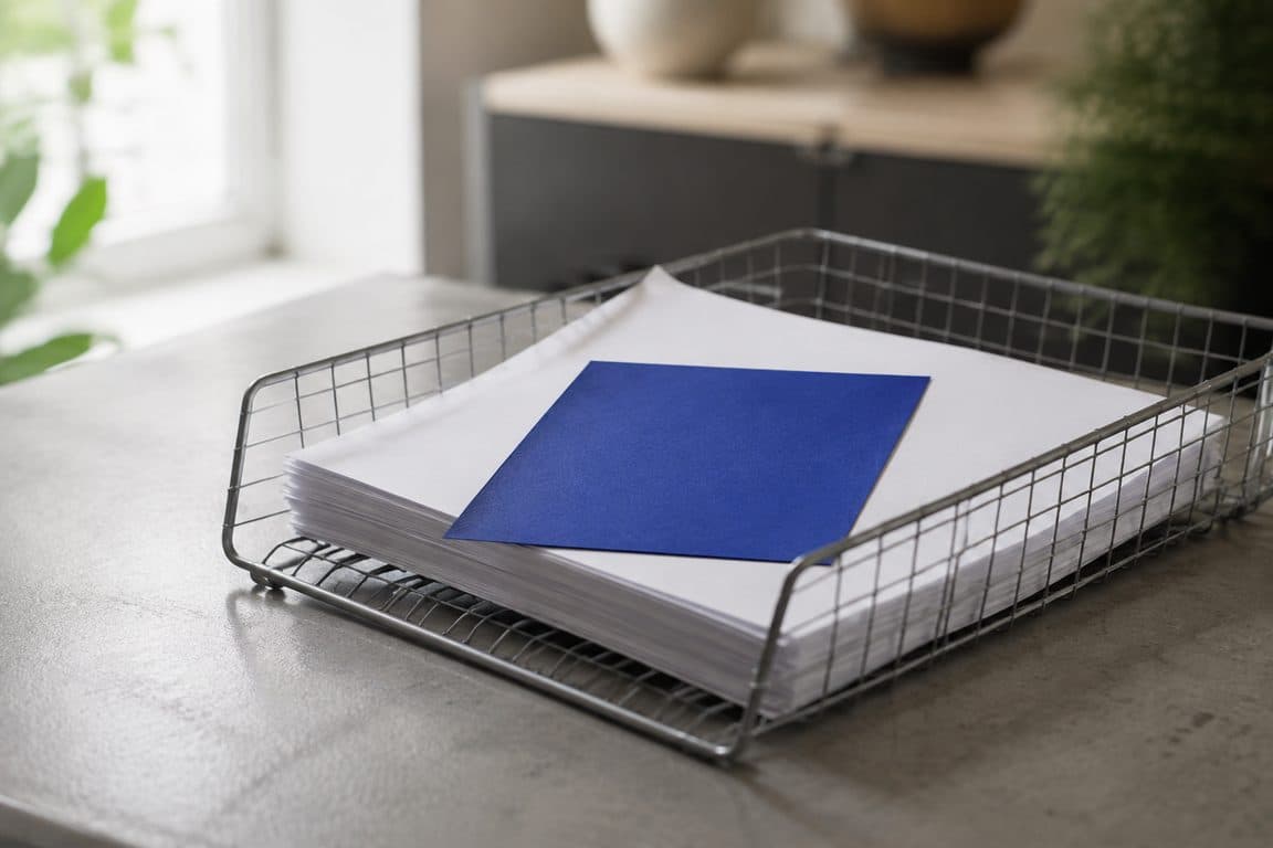 Een postbak op een balie met een gecontroleerde set stukken en een blauw briefje erop, voor KVK jaarrekening deponeren.
