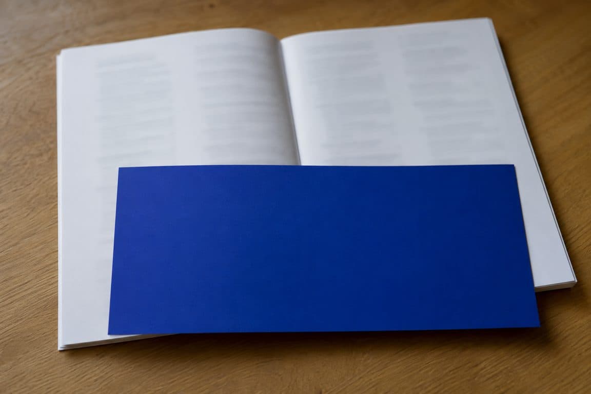 A set of accounts open on a desk with a plain blue card laid across part of the page, covering some of it.