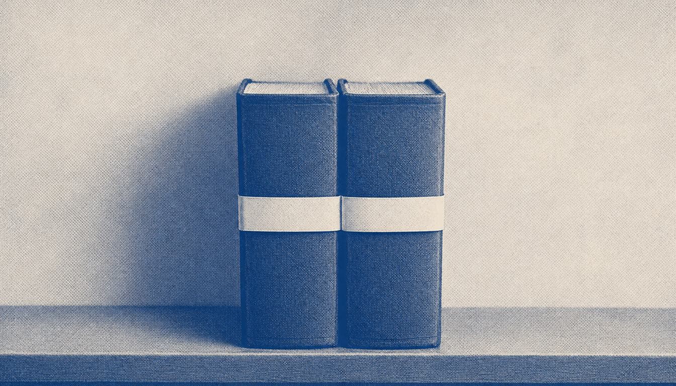 Blauwe halftoon van twee jaarverslagen op een plank met een band over beide ruggen, twee keer boekjaar afsluiten.