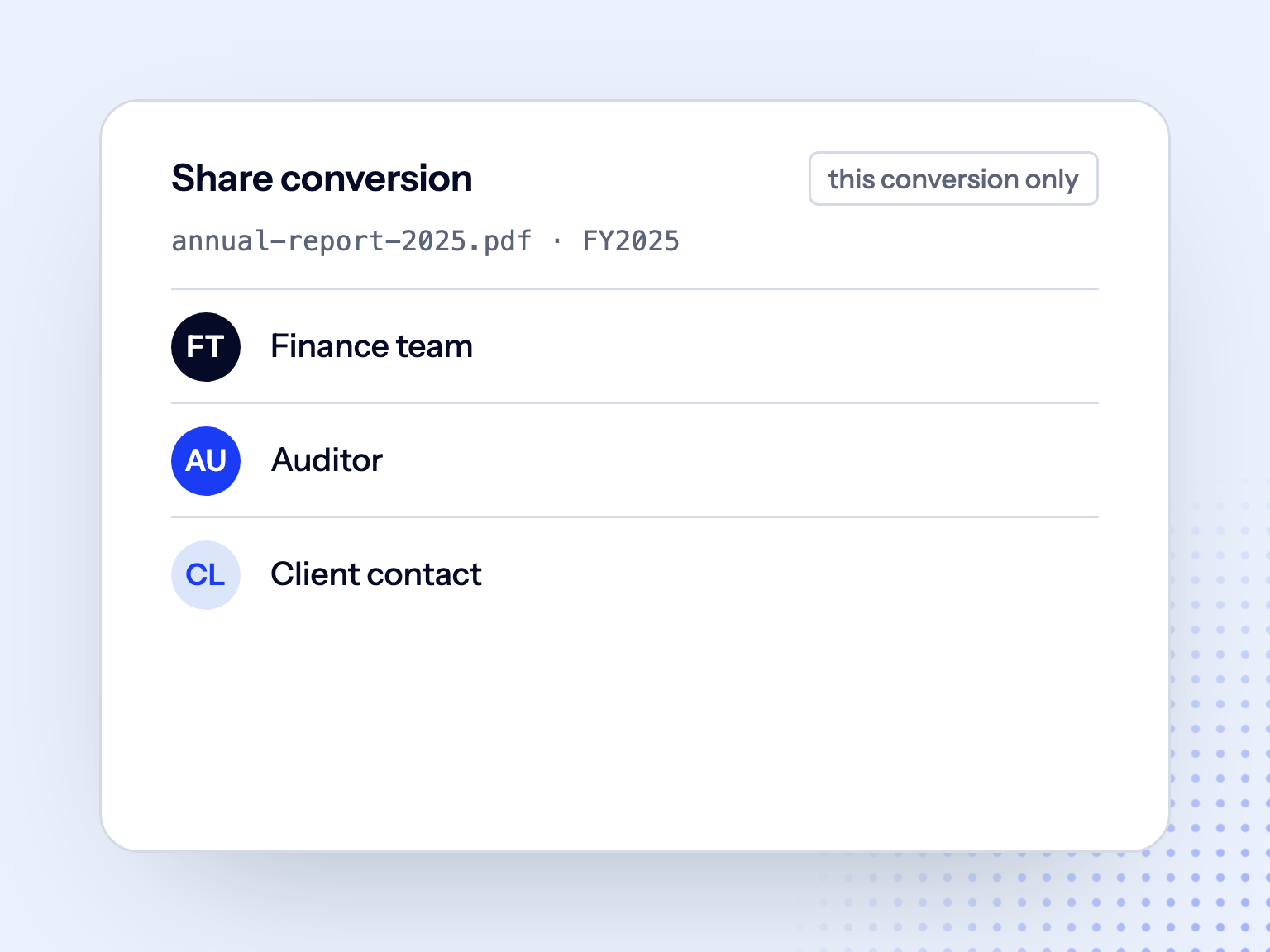 Share conversion: finance team, auditor, client contact