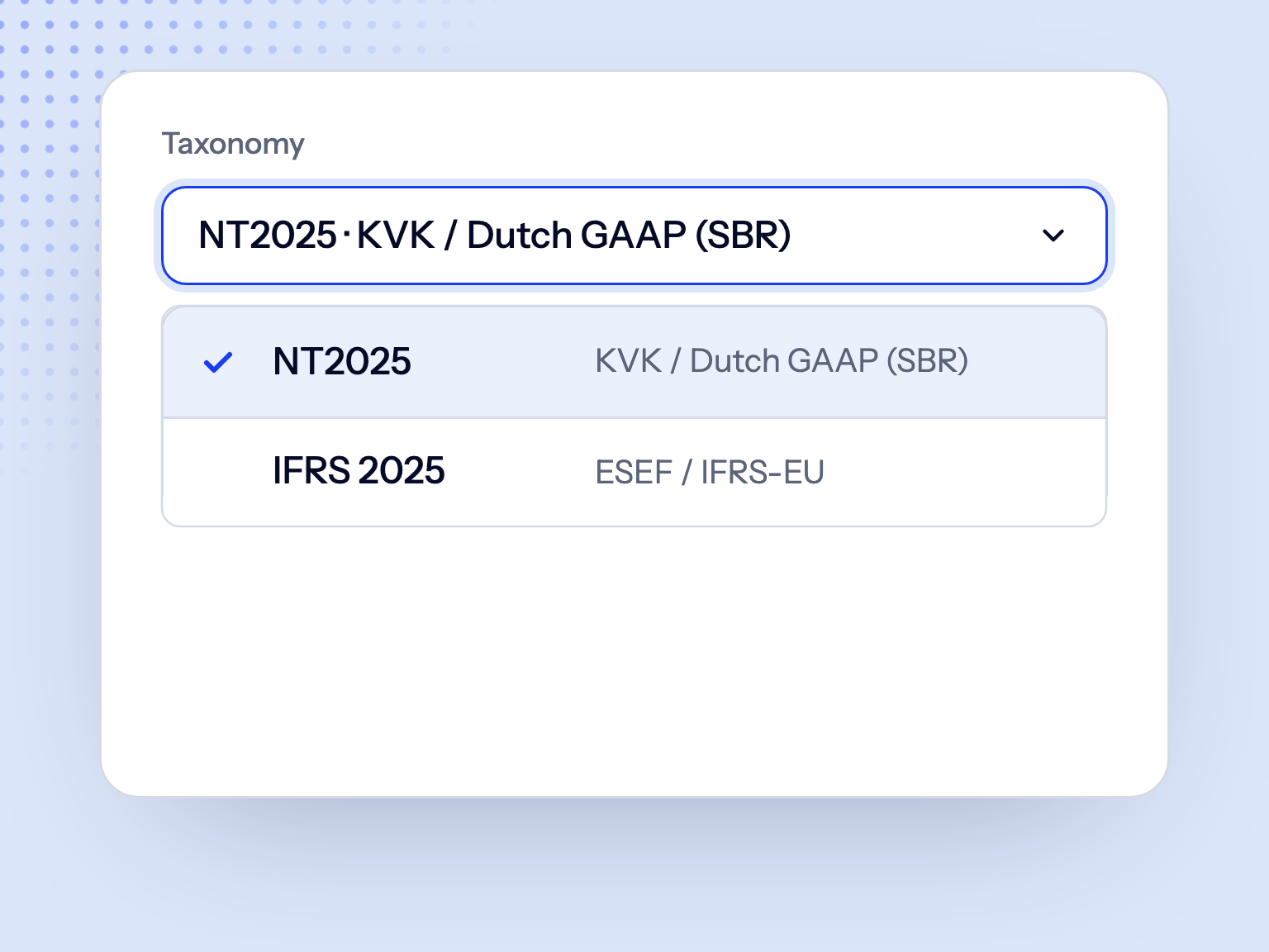 Taxonomiekiezer met NT2025 geselecteerd