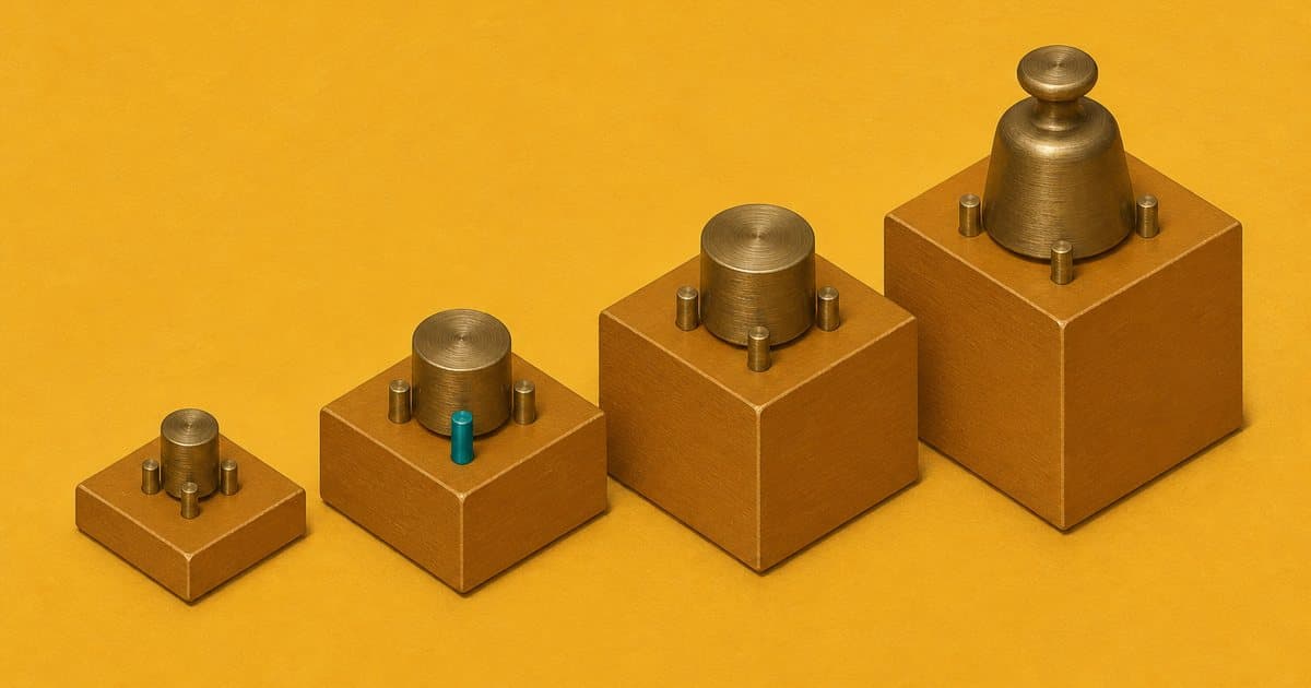 Four brass weights on rising plinths show the groottecriteria staircase, with one teal peg marking a threshold just crossed.